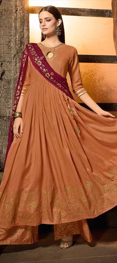 Festive, Party Wear Orange color Salwar Kameez in Muslin fabric with A Line, Palazzo Embroidered, Resham, Sequence, Thread work : 1583972