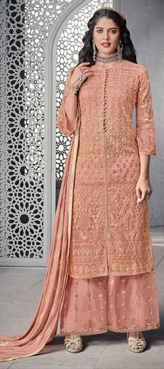 Party Wear Orange color Salwar Kameez in Net fabric with Palazzo Embroidered, Resham, Thread, Zari work : 1584437