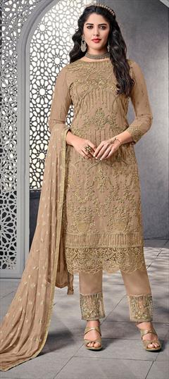Party Wear Beige and Brown color Salwar Kameez in Net fabric with Straight Embroidered, Resham, Thread, Zari work : 1584441