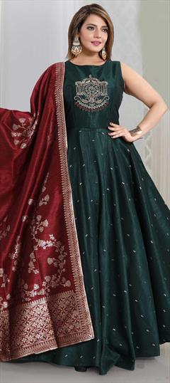 Mehendi Sangeet, Party Wear, Reception Green color Salwar Kameez in Art Silk fabric with A Line Bugle Beads, Sequence, Zardozi work : 1584948