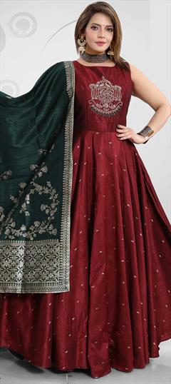 Mehendi Sangeet, Party Wear, Reception Red and Maroon color Salwar Kameez in Art Silk fabric with A Line Bugle Beads, Sequence, Zardozi work : 1584951