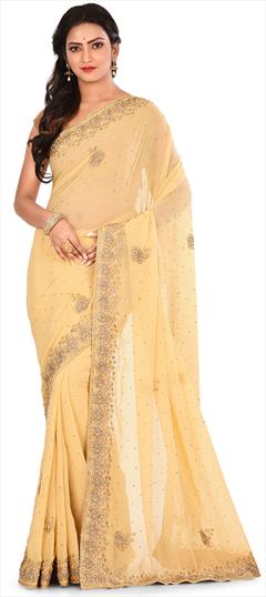 Engagement, Festive, Mehendi Sangeet, Reception Yellow color Saree in Georgette fabric with Classic Cut Dana, Stone work : 1585479