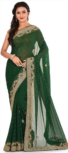 Engagement, Festive, Mehendi Sangeet, Reception Green color Saree in Georgette fabric with Classic Bugle Beads, Sequence work : 1585480