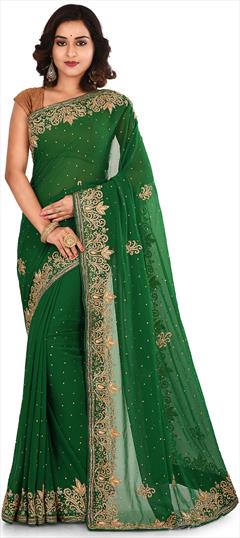 Engagement, Festive, Mehendi Sangeet, Reception Green color Saree in Georgette fabric with Classic Stone, Thread work : 1585483