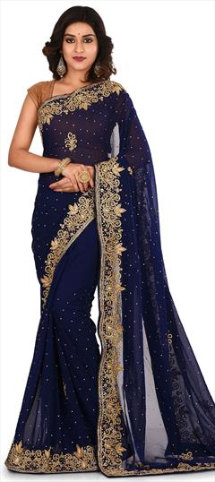 Engagement, Festive, Mehendi Sangeet, Reception Blue color Saree in Georgette fabric with Classic Bugle Beads, Cut Dana, Thread work : 1585491