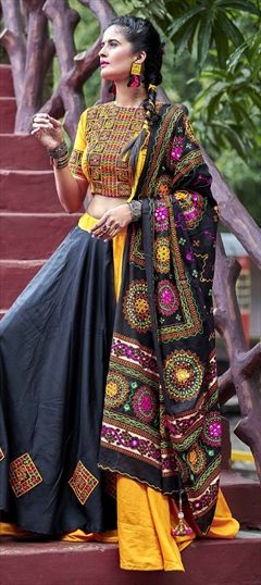 Festive, Navratri Black and Grey, Yellow color Lehenga in Cotton fabric with A Line Embroidered, Resham, Thread work : 1586108