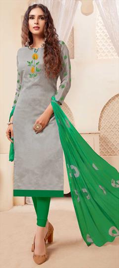 Casual Black and Grey color Salwar Kameez in Silk cotton fabric with Straight Embroidered, Resham, Thread work : 1586128
