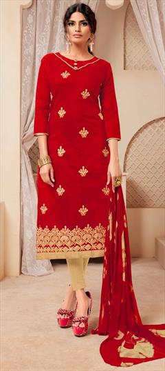 Casual Red and Maroon color Salwar Kameez in Silk cotton fabric with Straight Embroidered, Resham, Thread work : 1586129