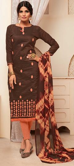 Casual Beige and Brown color Salwar Kameez in Silk cotton fabric with Straight Embroidered, Resham, Thread work : 1586134