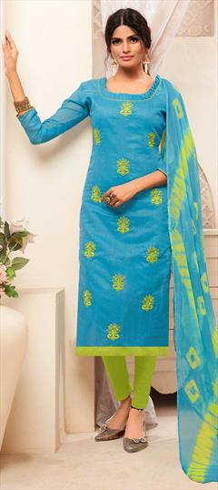 Casual Blue color Salwar Kameez in Silk cotton fabric with Straight Embroidered, Resham, Thread work : 1586135