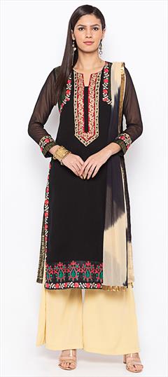 Party Wear Black and Grey color Salwar Kameez in Georgette fabric with Palazzo Embroidered, Resham, Thread work : 1586294