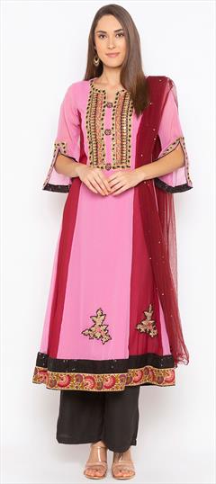 Party Wear Pink and Majenta color Salwar Kameez in Georgette fabric with A Line, Palazzo Patch, Sequence, Thread work : 1586303