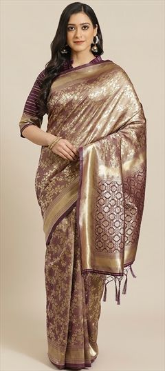 Bollywood, Traditional Purple and Violet color Saree in Kanchipuram Silk, Silk fabric with South Weaving work : 1588038