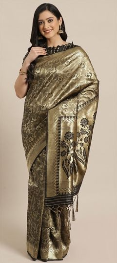 Bollywood, Traditional Black and Grey color Saree in Kanchipuram Silk, Silk fabric with South Weaving work : 1588039