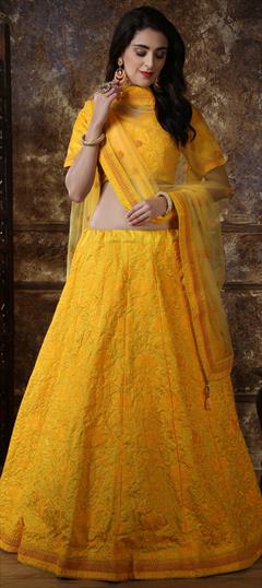 Mehendi Sangeet, Reception, Wedding Yellow color Lehenga in Silk fabric with A Line Embroidered, Resham, Sequence, Thread work : 1588350