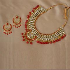 Red and Maroon, White and Off White color Necklace in Copper studded with Kundan, Pearl & Gold Rodium Polish : 1588541