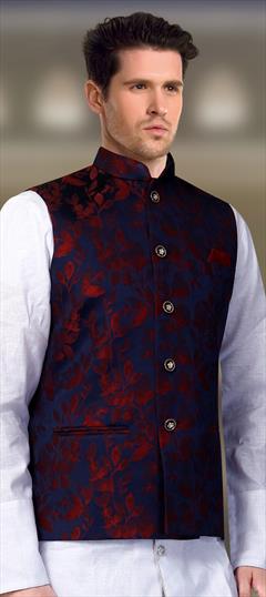 Blue color Nehru Jacket in Jacquard fabric with Weaving work : 1589382