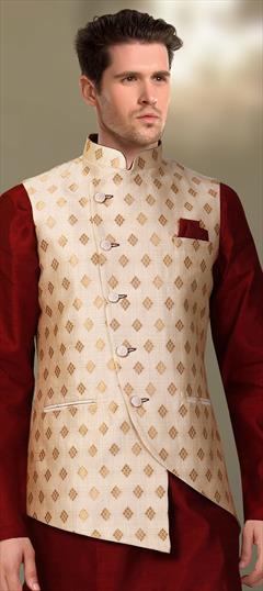 Embroidered Art Silk Nehru Jacket in Off White : MXX142