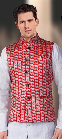 Pink and Majenta color Nehru Jacket in Satin Silk fabric with Printed work : 1589419
