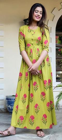 Casual Green color Kurti in Muslin fabric with A Line, Long Sleeve Digital Print work : 1589461