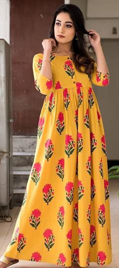 Casual Yellow color Kurti in Muslin fabric with A Line, Long Sleeve Digital Print work : 1589463