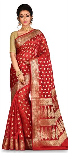 Reception, Traditional, Wedding Red and Maroon color Saree in Banarasi Silk, Silk fabric with South Weaving work : 1589772