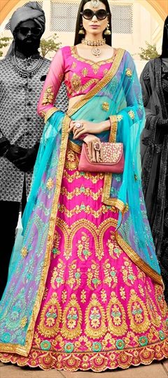 Engagement, Mehendi Sangeet, Party Wear Pink and Majenta color Lehenga in Silk fabric with A Line Bugle Beads, Embroidered, Resham, Thread, Zari work : 1590152