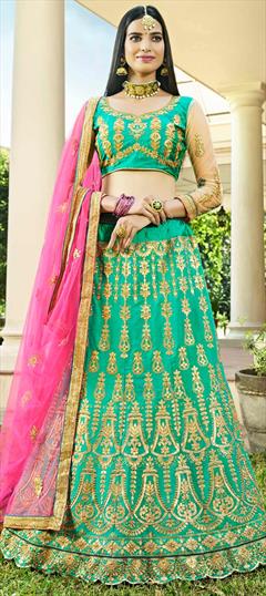 Engagement, Mehendi Sangeet, Party Wear Green color Lehenga in Silk fabric with A Line Bugle Beads, Embroidered, Resham, Thread, Zari work : 1590154
