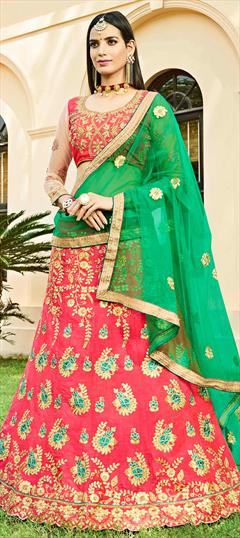 Engagement, Mehendi Sangeet, Party Wear Pink and Majenta color Lehenga in Silk fabric with A Line Bugle Beads, Embroidered, Resham, Thread, Zari work : 1590159
