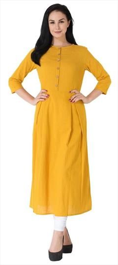 Casual Yellow color Kurti in Cotton fabric with Anarkali, Long Sleeve Thread work : 1590497