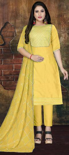 Casual Yellow color Salwar Kameez in Art Silk fabric with Straight Gota Patti work : 1590642