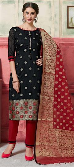 Party Wear Black and Grey color Salwar Kameez in Art Silk fabric with Straight Weaving work : 1590713