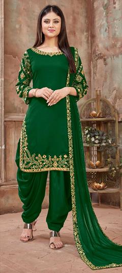 Party Wear, Reception Green color Salwar Kameez in Art Silk fabric with Patiala Embroidered, Lace, Mirror, Thread work : 1592371