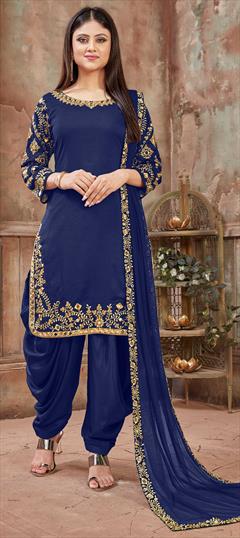 Party Wear, Reception Blue color Salwar Kameez in Art Silk fabric with Patiala Embroidered, Lace, Mirror, Thread work : 1592373