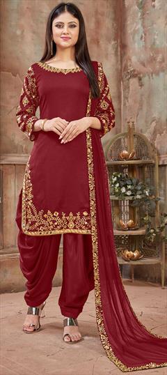 Party Wear, Reception Red and Maroon color Salwar Kameez in Art Silk fabric with Patiala Embroidered, Lace, Mirror, Thread work : 1592376