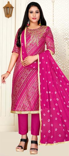 Casual, Party Wear Pink and Majenta color Salwar Kameez in Cotton fabric with Straight Bandhej, Embroidered, Gota Patti, Printed, Thread work : 1593050