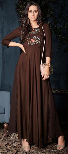 Bollywood Beige and Brown color Gown in Rayon fabric with Embroidered, Pleats, Resham, Thread work : 1593301