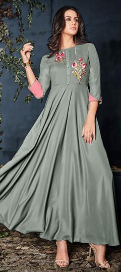 Bollywood Black and Grey color Gown in Rayon fabric with Embroidered, Resham, Thread work : 1593303