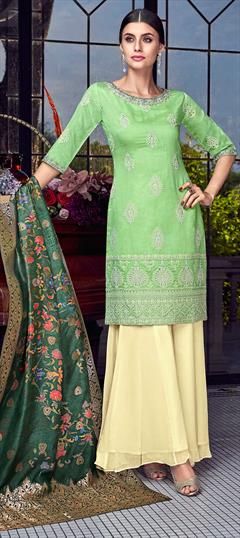 Party Wear Green color Salwar Kameez in Silk fabric with Palazzo Embroidered, Resham, Thread work : 1593337