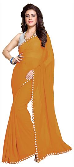 Party Wear Orange color Saree in Faux Georgette fabric with Classic Mirror, Thread work : 1593425