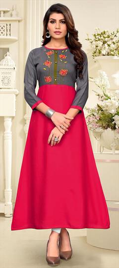 Casual Black and Grey, Pink and Majenta color Kurti in Rayon fabric with Long Sleeve, Straight Embroidered work : 1593456