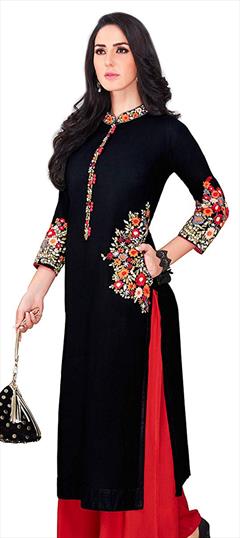 Casual Black and Grey color Kurti in Rayon fabric with Long Sleeve, Straight Embroidered, Resham, Thread work : 1593788