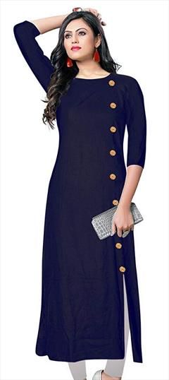 Casual Blue color Kurti in Rayon fabric with Elbow Sleeve, Straight Thread work : 1593800