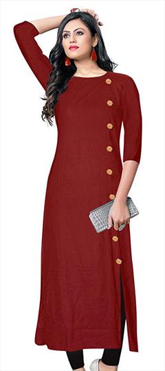 Casual Red and Maroon color Kurti in Rayon fabric with Elbow Sleeve, Straight Thread work : 1593802