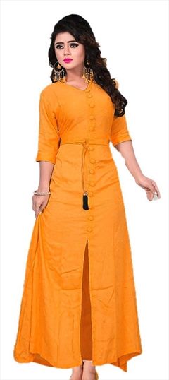 Casual Yellow color Dress in Rayon fabric with Thread work : 1593808