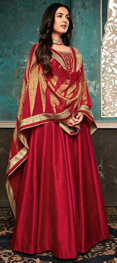 Bollywood Red and Maroon color Salwar Kameez in Silk fabric with Anarkali Embroidered, Moti, Sequence, Thread, Zardozi work : 1593874