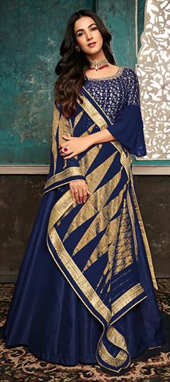 Bollywood Blue color Salwar Kameez in Silk fabric with Anarkali Mirror, Moti, Sequence, Thread, Zardozi work : 1593880