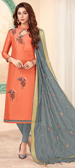 Casual Orange color Salwar Kameez in Cotton fabric with Churidar, Straight Embroidered, Lace, Resham, Thread work : 1594045