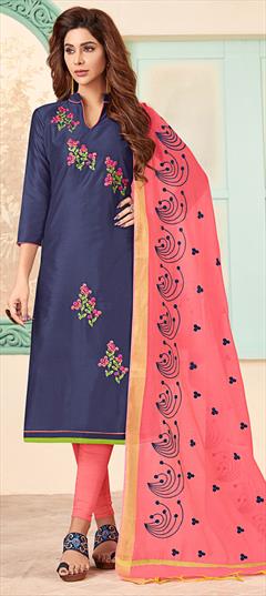 Casual Blue color Salwar Kameez in Cotton fabric with Churidar, Straight Embroidered, Lace, Resham, Thread work : 1594050