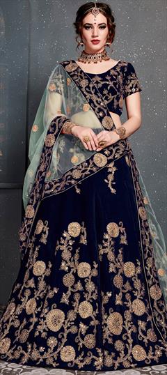 Bridal, Wedding Blue color Lehenga in Velvet fabric with A Line Embroidered, Sequence, Thread, Zari work : 1594614